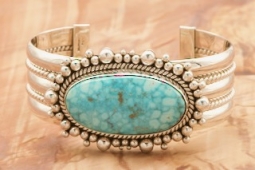 Artie Yellowhorse Genuine High Grade Kingman Turquoise Sterling Silver Bracelet